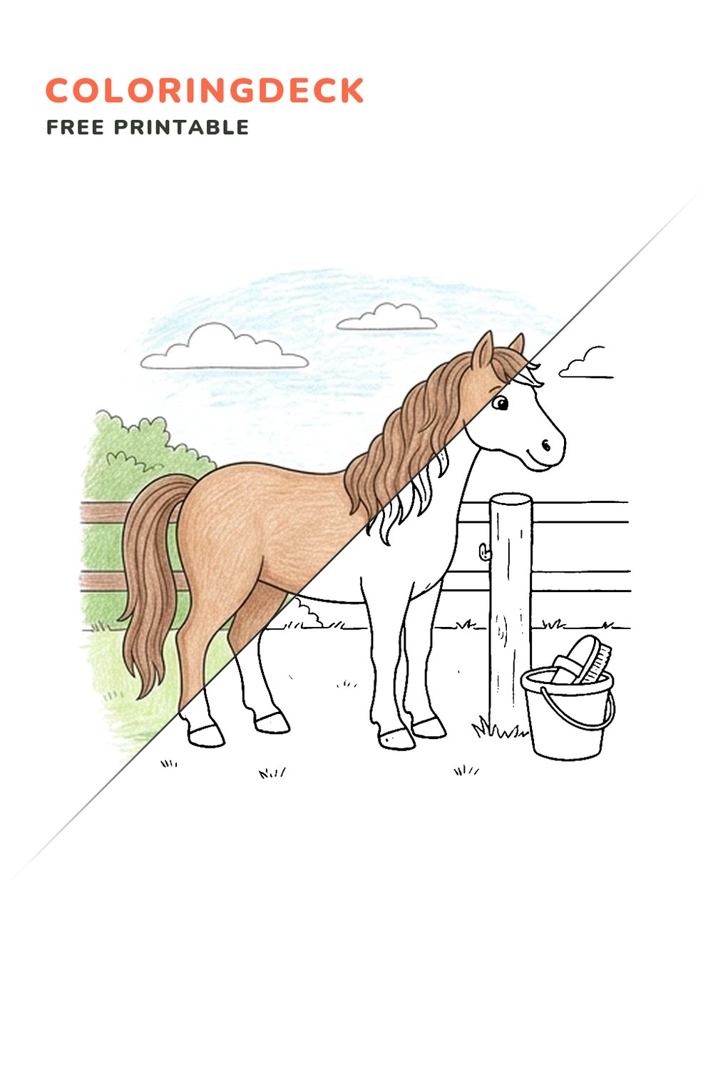 Horse Grooming Day coloring page, free printable: half colored, half outline