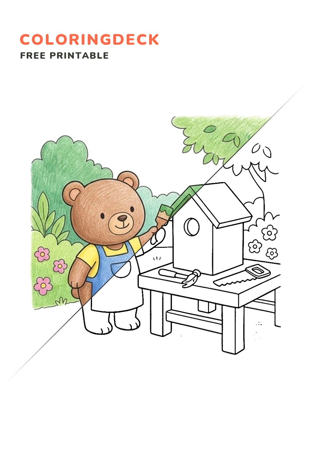 Bear Birdhouse Builder coloring page, free printable: half colored, half outline