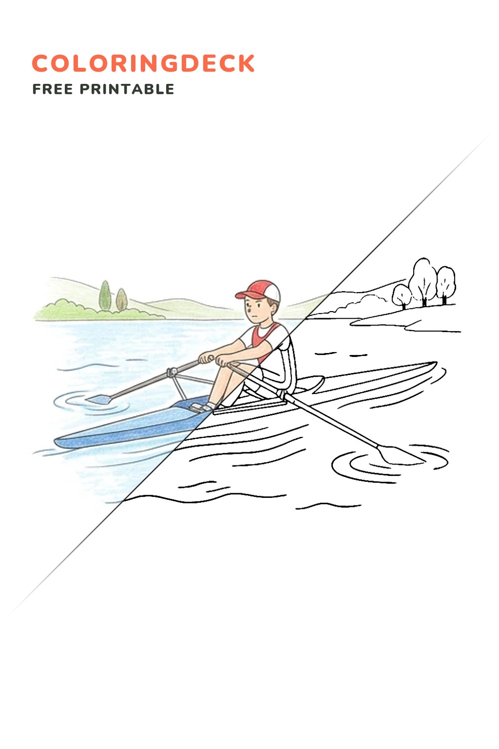 Rowing Shell Sprint coloring page, free printable: half colored, half outline