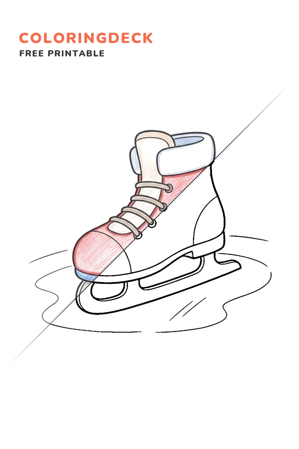 Ice Skate Closeup coloring page, free printable: half colored, half outline
