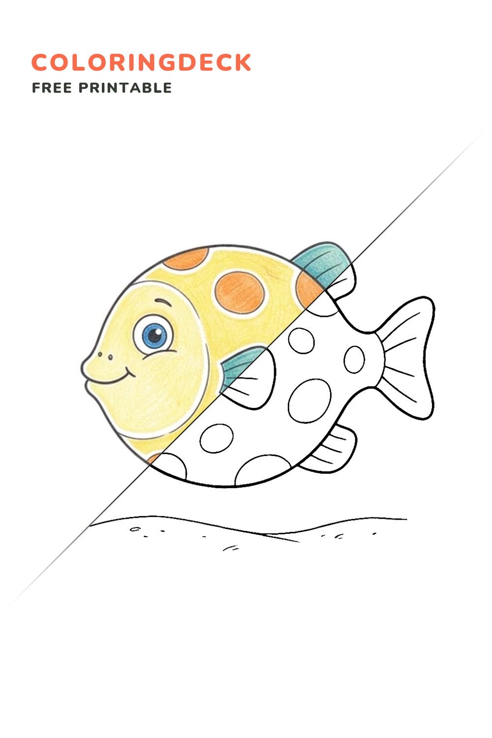 Pufferfish Hover coloring page, free printable: half colored, half outline