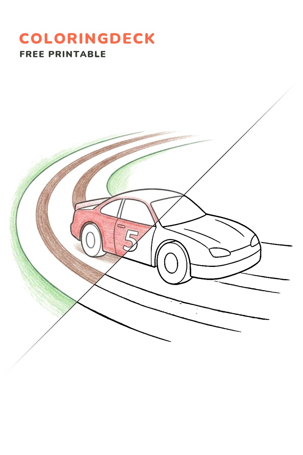 Racing Car Curve coloring page, free printable: half colored, half outline