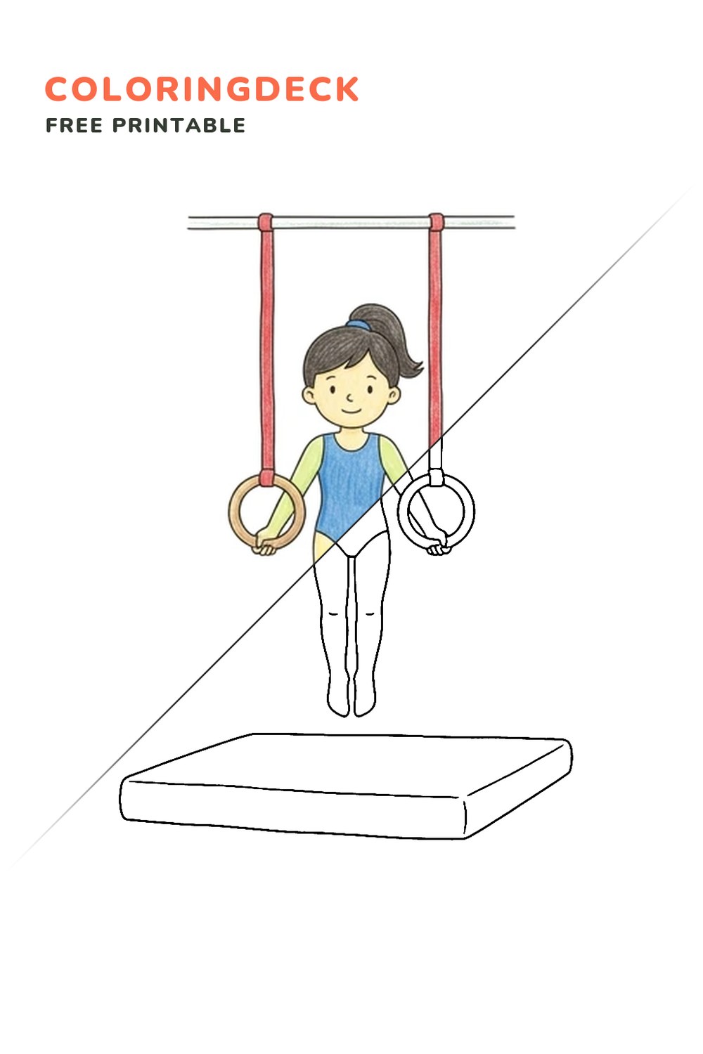 Gymnastics Rings Hold coloring page, free printable: half colored, half outline