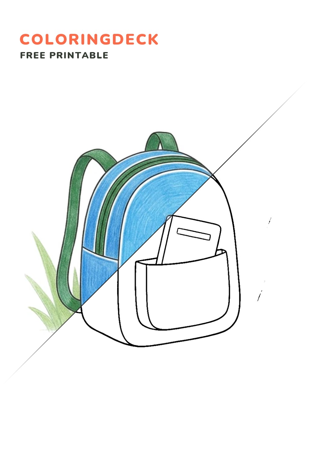 Big School Backpack coloring page, free printable: half colored, half outline