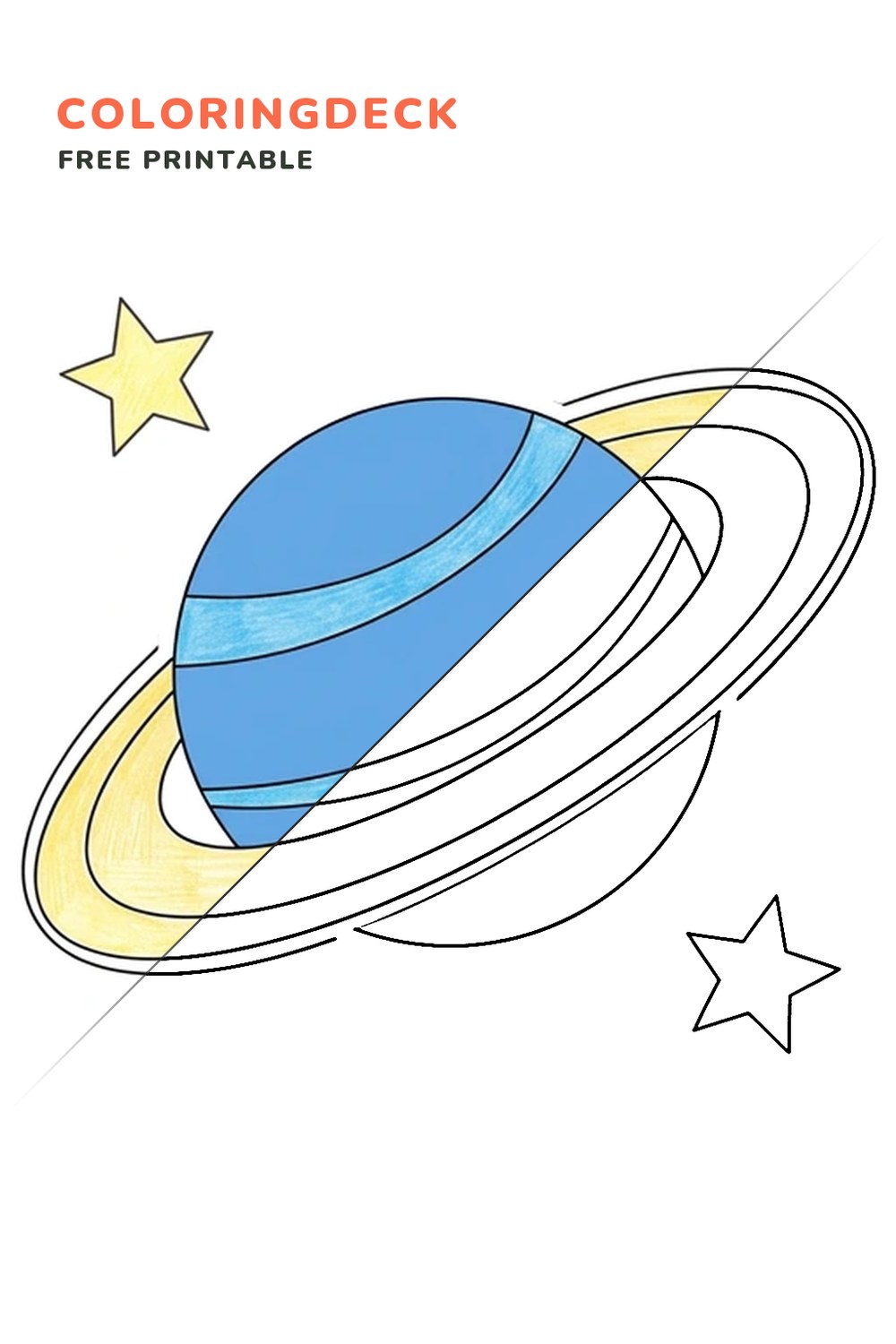 Ringed Planet coloring page, free printable: half colored, half outline