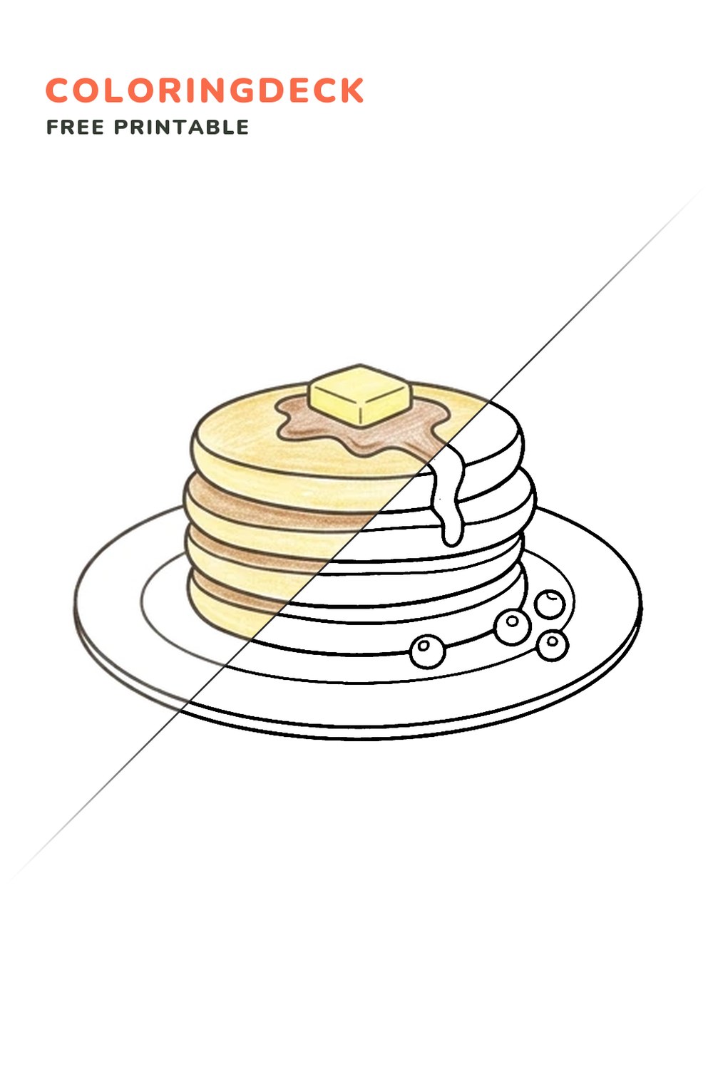 Pancake Breakfast Stack coloring page, free printable: half colored, half outline