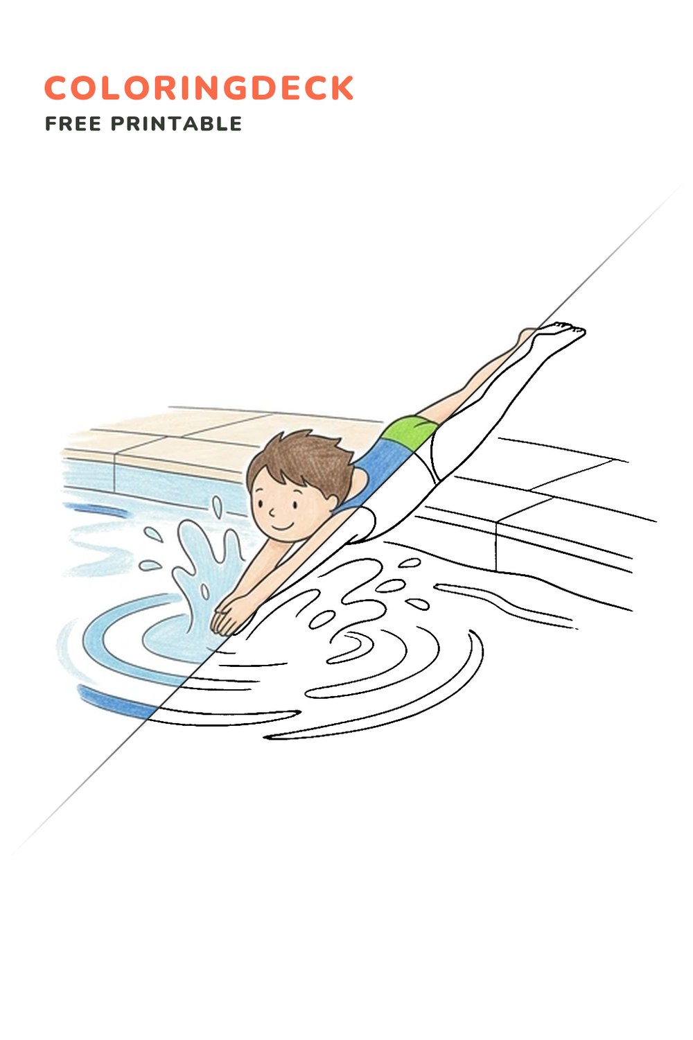 Poolside Diver coloring page, free printable: half colored, half outline