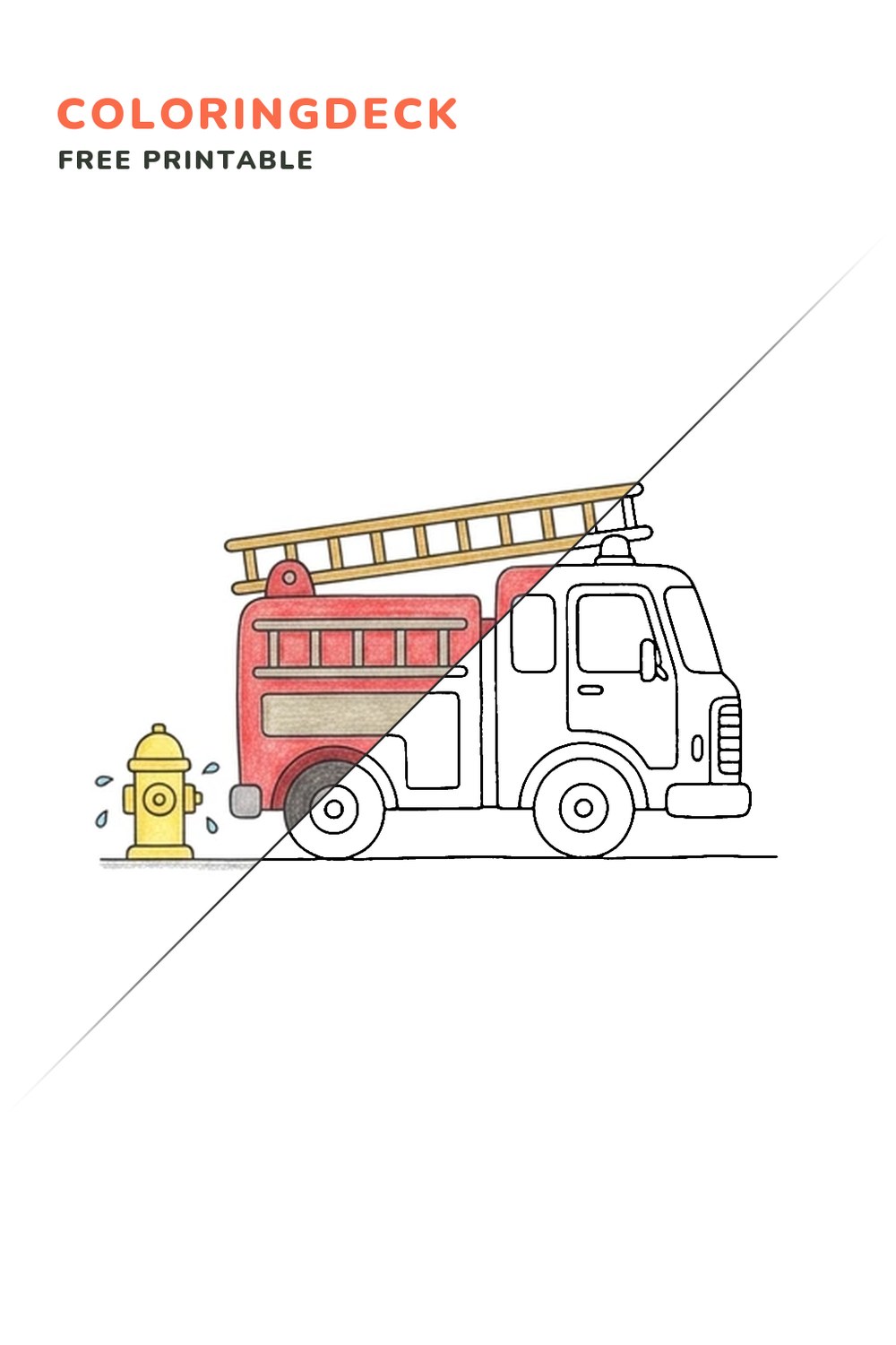 Fire Truck At Hydrant coloring page, free printable: half colored, half outline