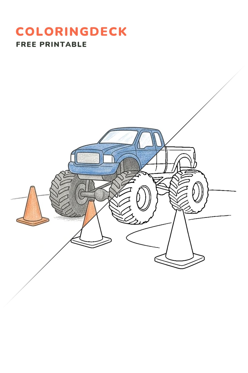 Monster Truck Arena Turn coloring page, free printable: half colored, half outline