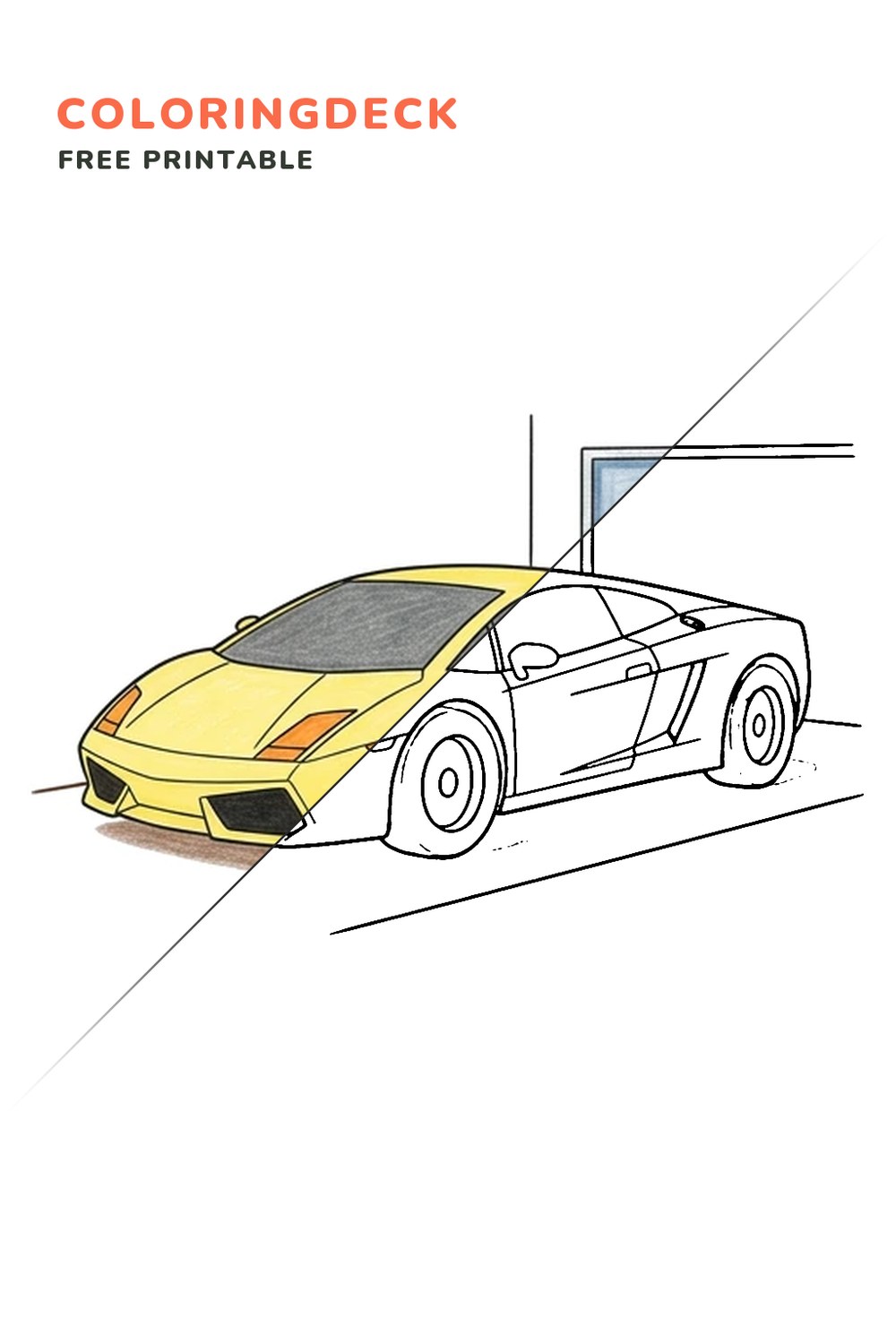 Lamborghini Driveway coloring page, free printable: half colored, half outline