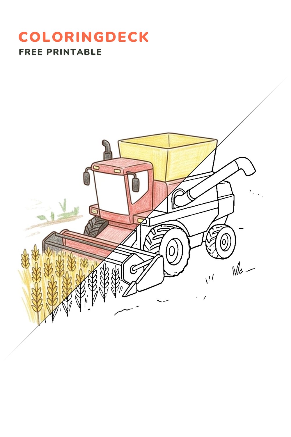 Harvester Grain Row coloring page, free printable: half colored, half outline
