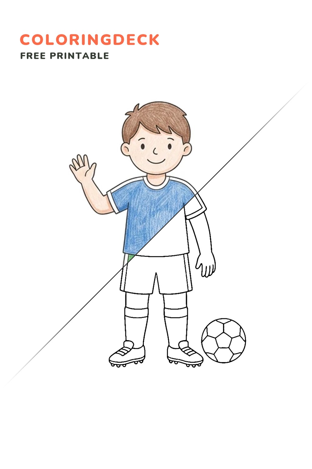 Soccer Player Waving coloring page, free printable: half colored, half outline
