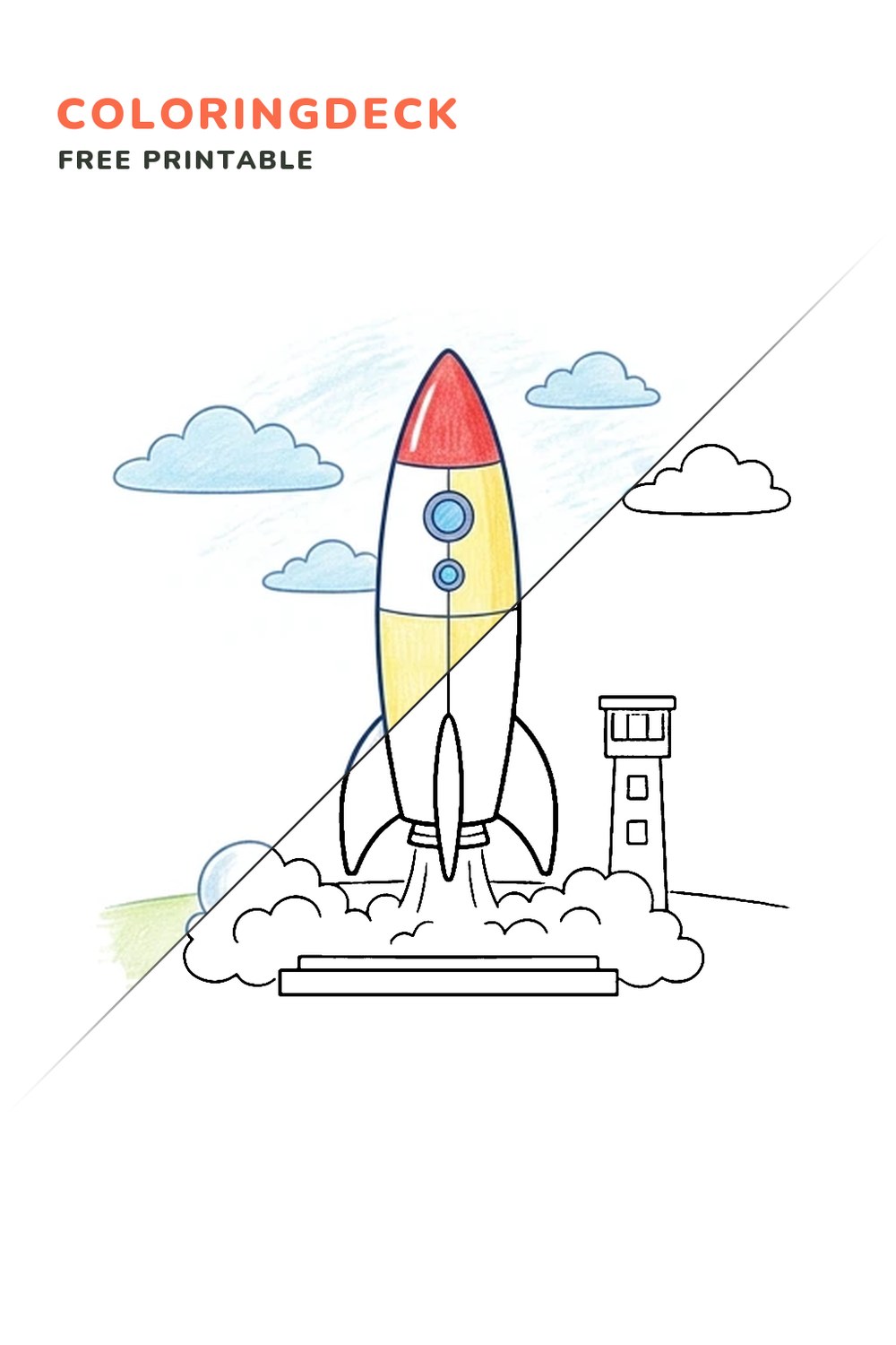 Rocket Launch Pad coloring page, free printable: half colored, half outline