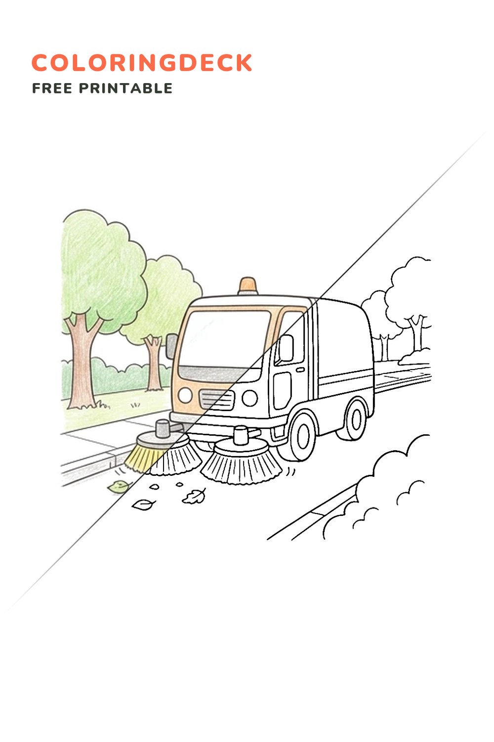 Street Sweeper Route coloring page, free printable: half colored, half outline