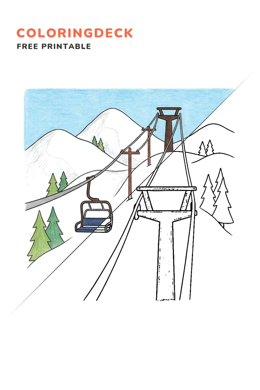 Ski Lift Ascent coloring page, free printable: half colored, half outline