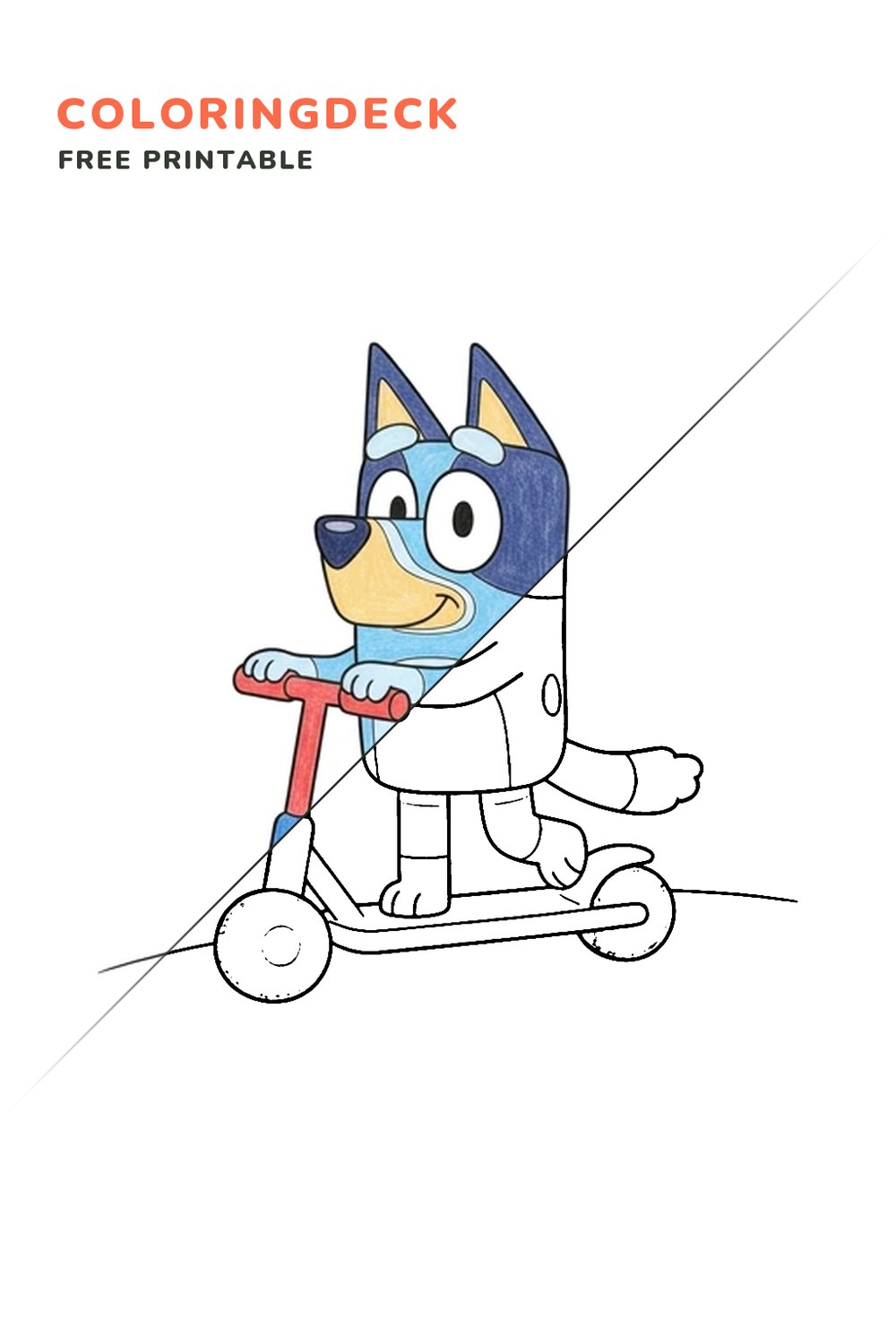 Bluey On Scooter coloring page, free printable: half colored, half outline