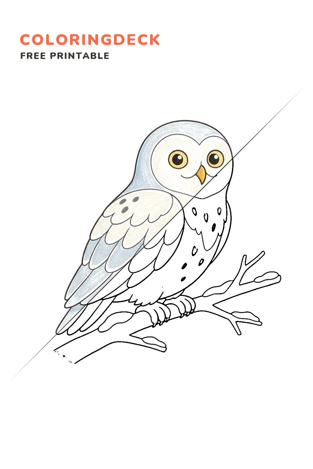 Snowy Owl Perch coloring page, free printable: half colored, half outline