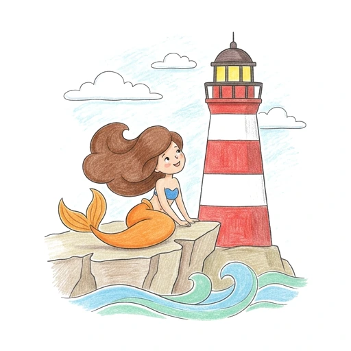 Mermaid coloring page: Mermaid Lighthouse Visit, colored example
