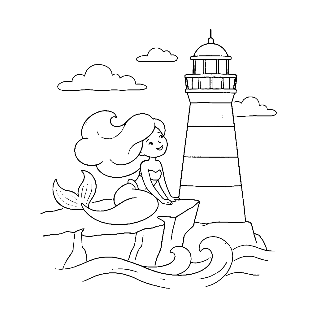 Mermaid coloring page: Mermaid Lighthouse Visit, outline to print