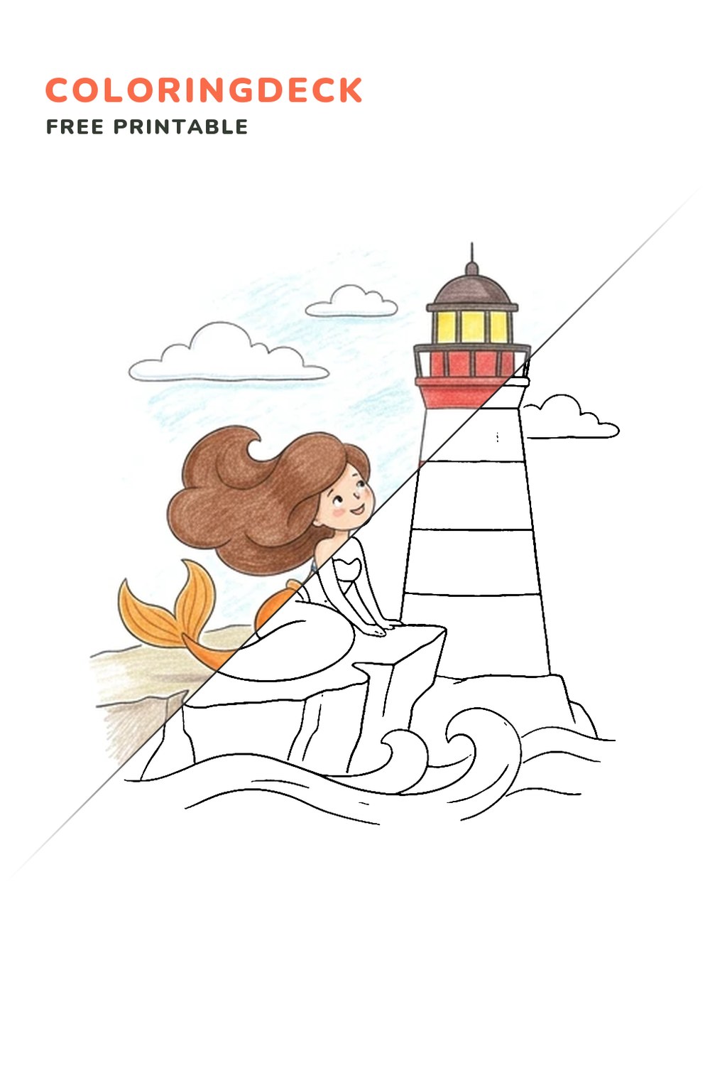 Mermaid Lighthouse Visit coloring page, free printable: half colored, half outline