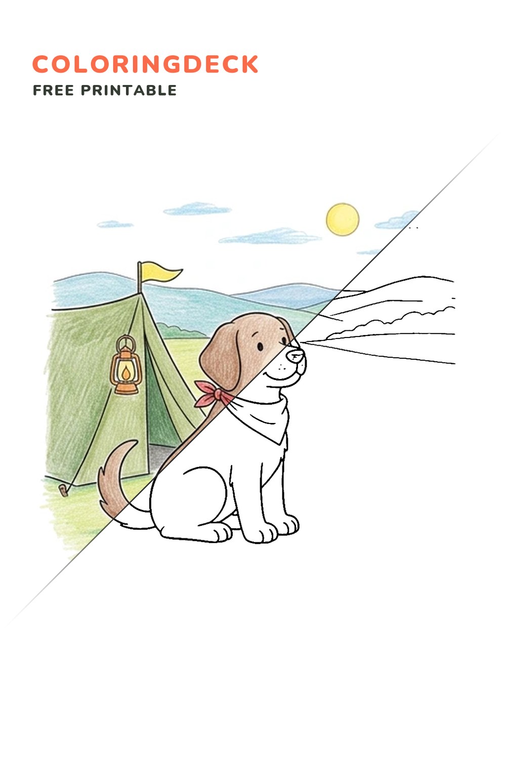 Dog Camping Watch coloring page, free printable: half colored, half outline