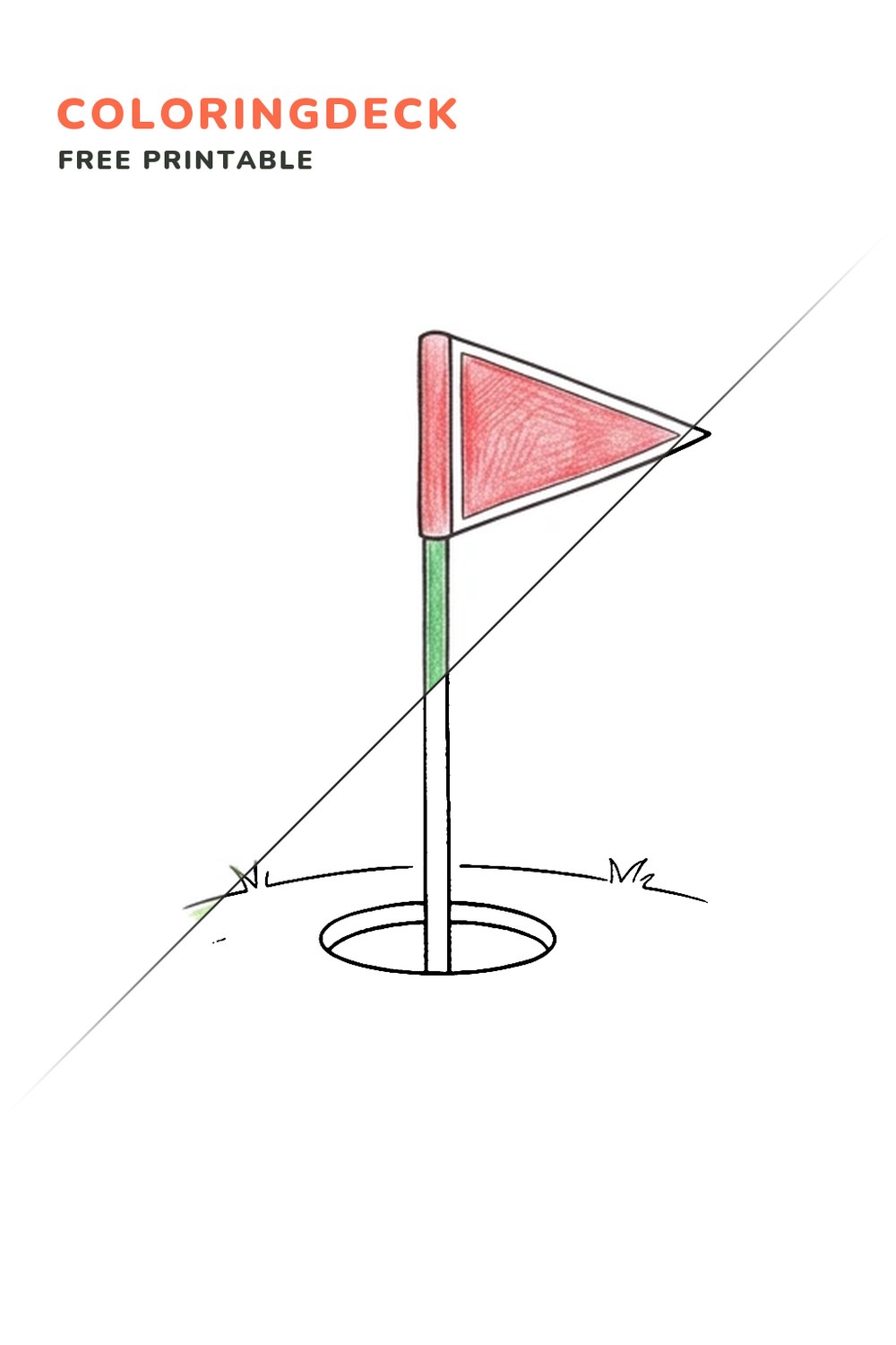 Putting Hole Flag coloring page, free printable: half colored, half outline
