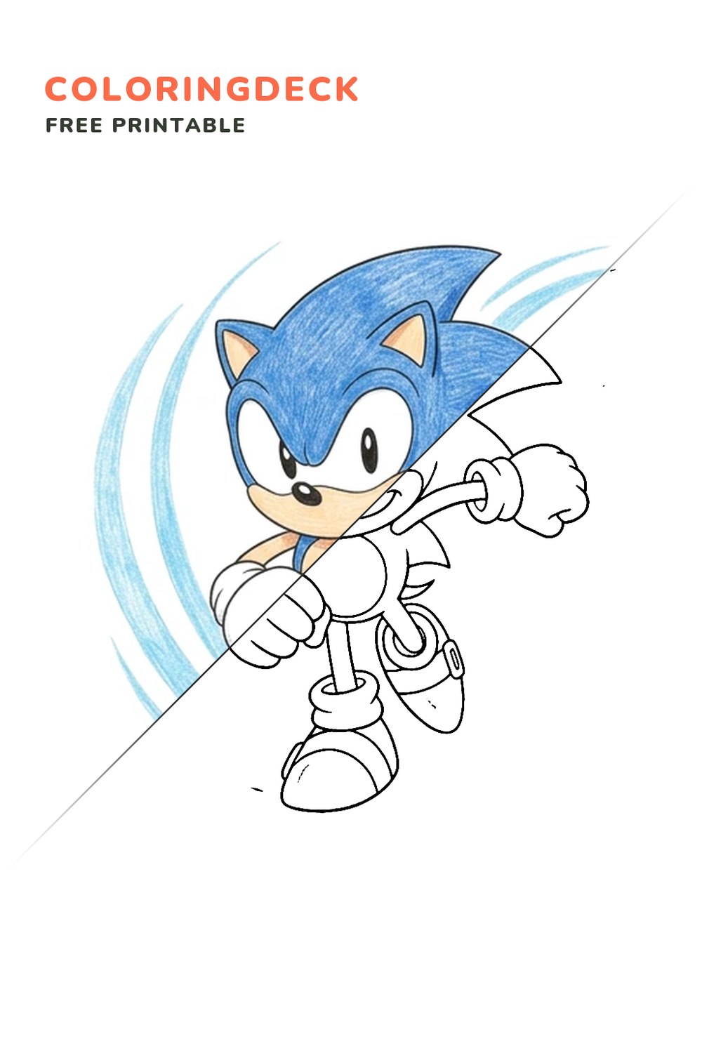Sonic Speed Dash coloring page, free printable: half colored, half outline