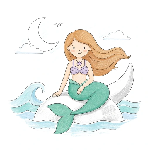 Mermaid coloring page: Mermaid Moon Rest, colored example