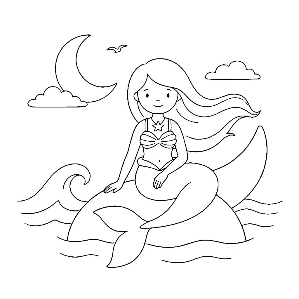Mermaid coloring page: Mermaid Moon Rest, outline to print