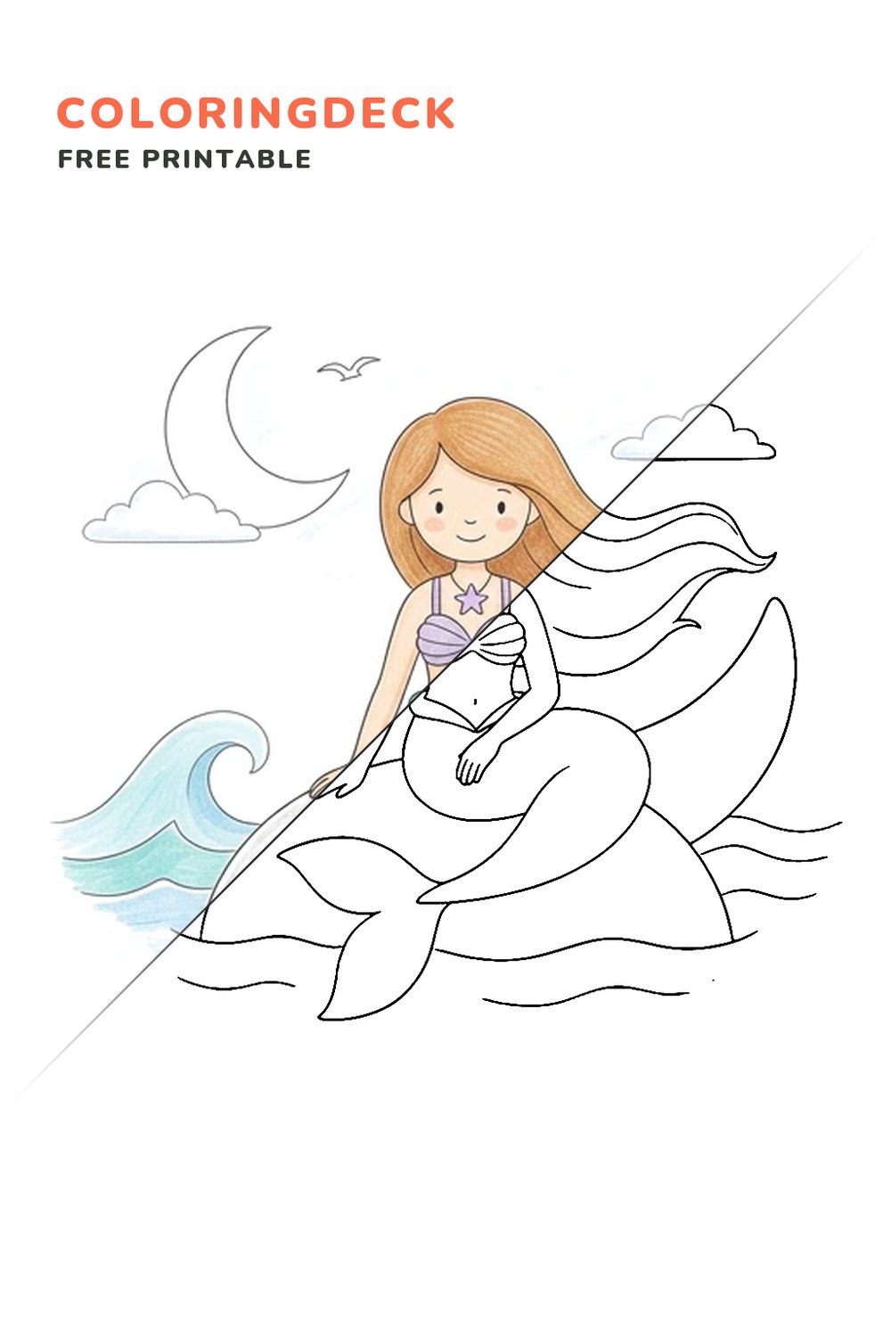 Mermaid Moon Rest coloring page, free printable: half colored, half outline