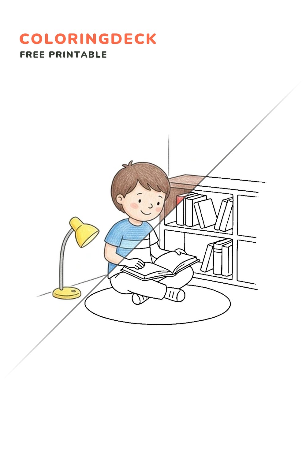 Library Reading Nook coloring page, free printable: half colored, half outline