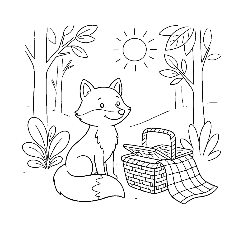 Fox Forest Picnic coloring page outline