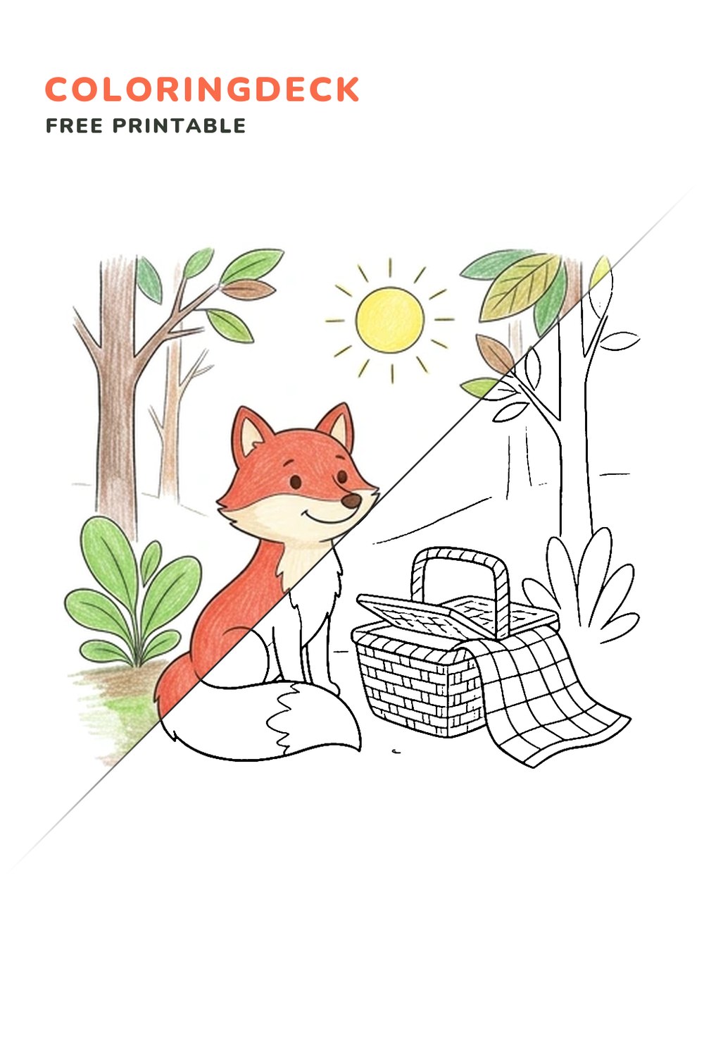 Fox Forest Picnic coloring page, free printable: half colored, half outline