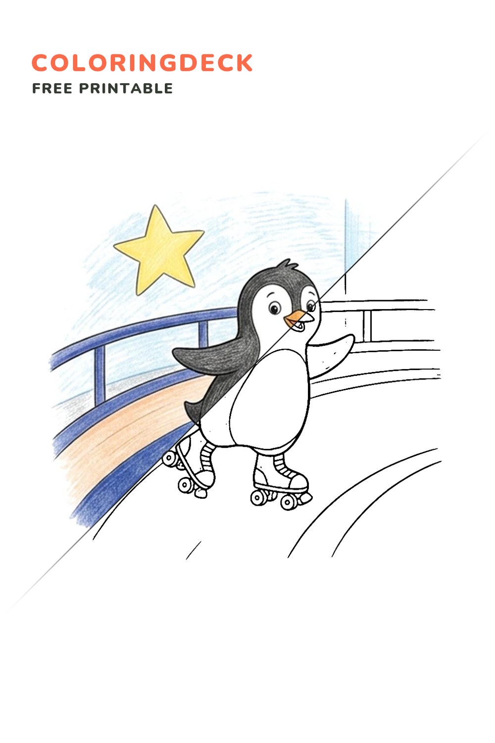Penguin Roller Rink coloring page, free printable: half colored, half outline