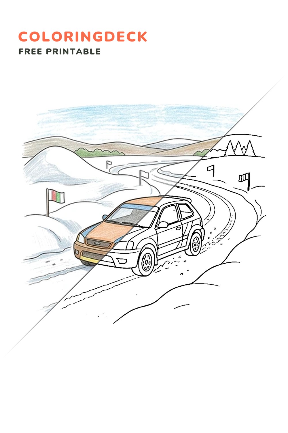 Rally Snow Crossing coloring page, free printable: half colored, half outline