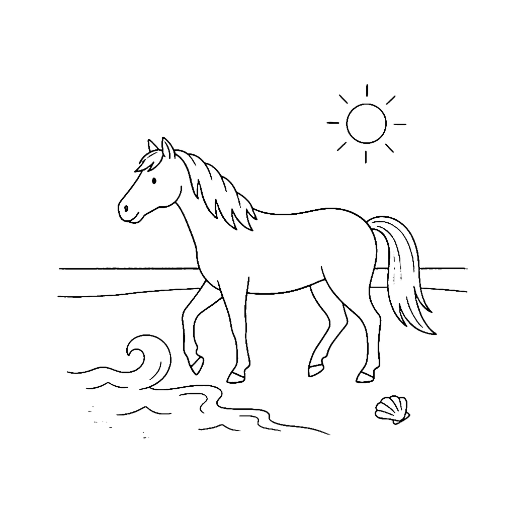 Horse coloring page: Horse Beach Walk, outline to print