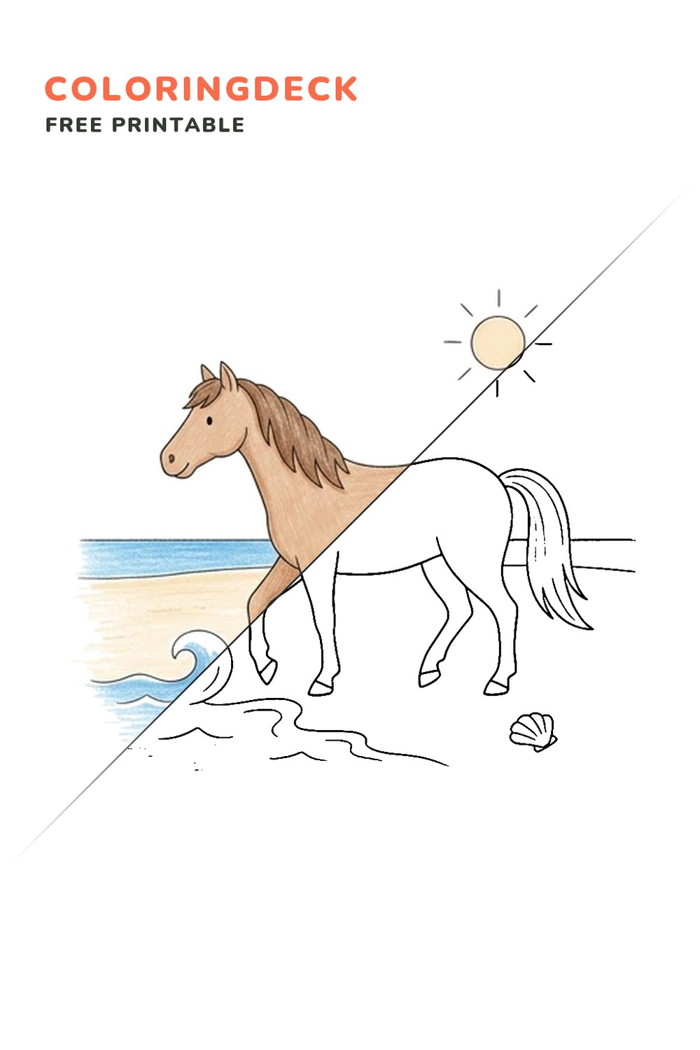 Horse Beach Walk coloring page, free printable: half colored, half outline