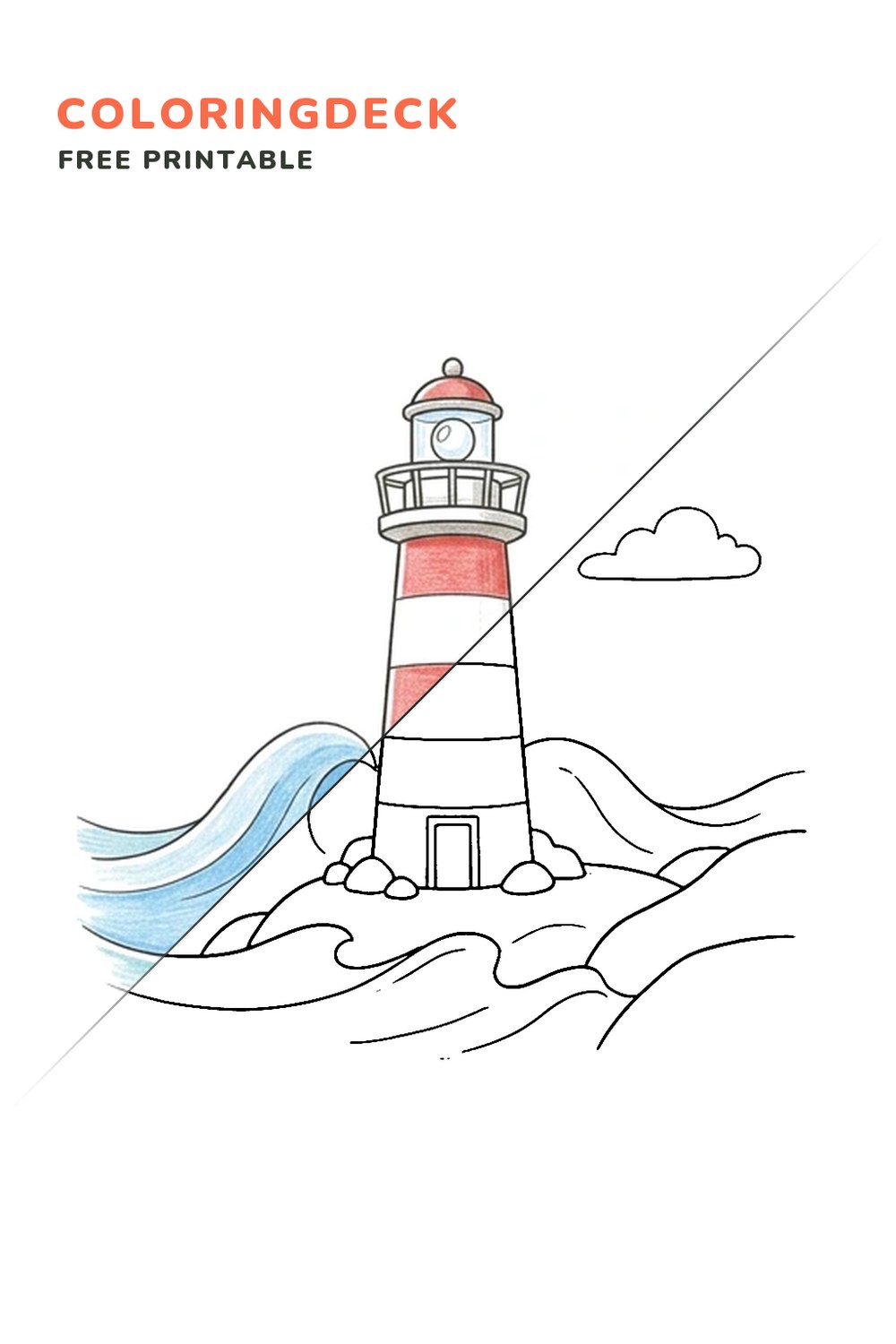 Lighthouse Beacon coloring page, free printable: half colored, half outline