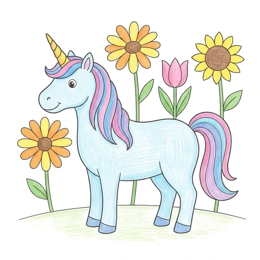 Unicorn coloring page: Unicorn Flower Meadow, colored example