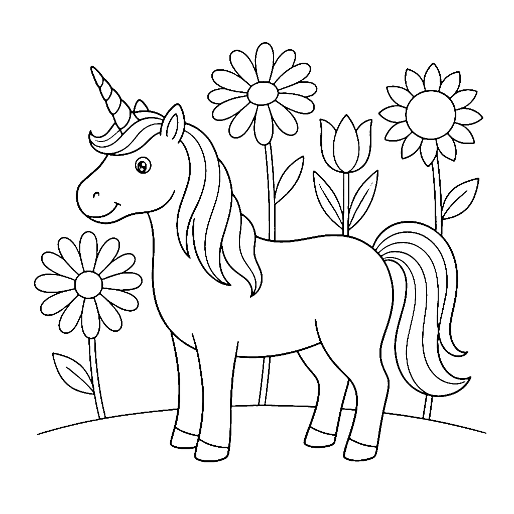 Unicorn coloring page: Unicorn Flower Meadow, outline to print