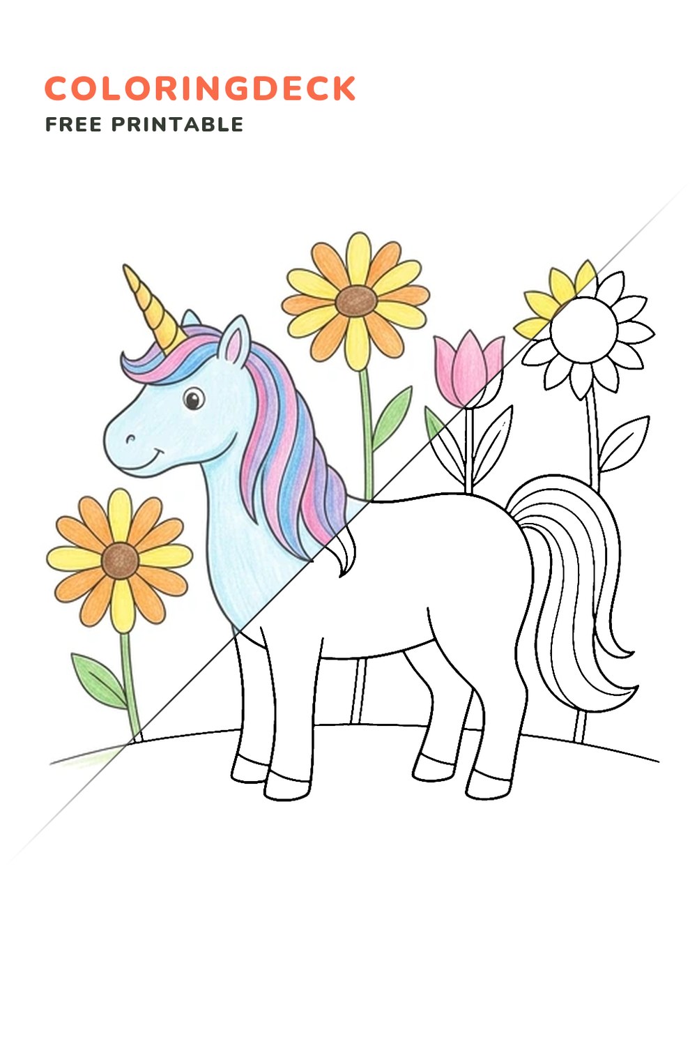 Unicorn Flower Meadow coloring page, free printable: half colored, half outline