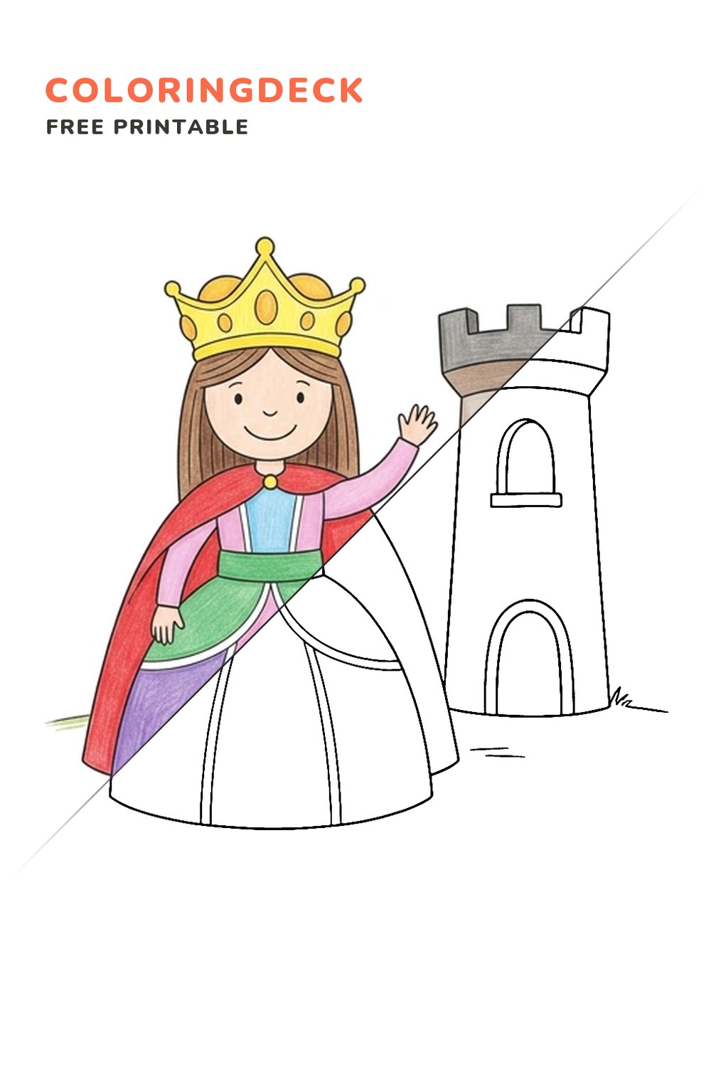 Princess Castle Wave coloring page, free printable: half colored, half outline